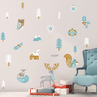 Stickers Noël cerf et renard scandinave – Autocollants stickers adhésifs noël – décoration fêtes – 120x135cm