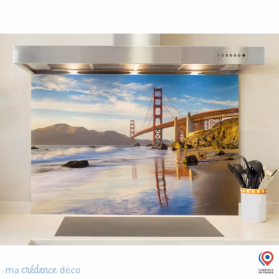 Crédence cuisine fond de hotte Plage et pont San francisco – Verre trempé – L 60 cm x H 45 cm – MaCrédenceDéco