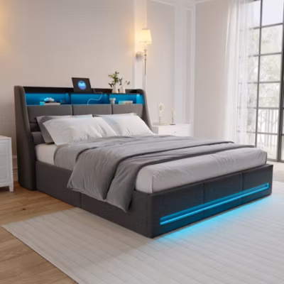 Lit 140×190 avec sommier LED et USB, lit coffre avec tête de lit, gris