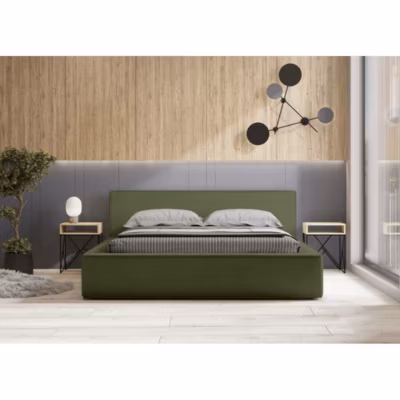 Lit coffre VELORA  Olive bouclé  140×200 cm  Tissu velours doux  Sommier relevable  Rangement intégré