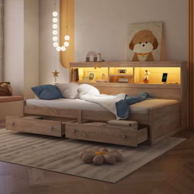 Canapé-lit 90×200 cm avec éclairage LED ambiant, ports USB et rangements en panneaux de particules et MDF