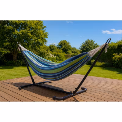 Hamac sur pied 2,6 m avec toile en polyester bleu et vert COPACABANA