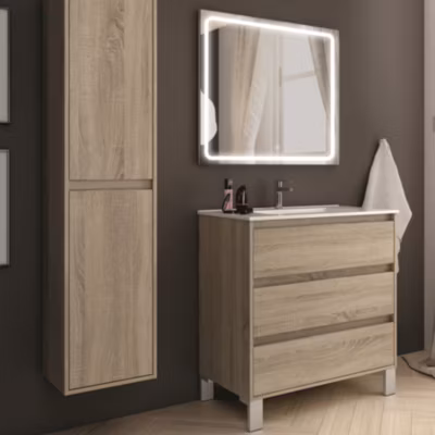 Meuble de salle de bain simple vasque – 3 tiroirs – TIRIS 3C et miroir Led VELDI – cambrian (chêne) – 80cm