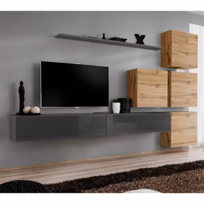 Meuble TV Mural Design « Switch IX » 310cm Gris & Naturel