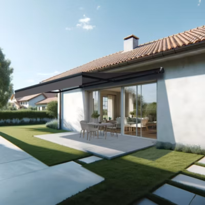 Store banne monobloc ESPAI 5,00×3,00m (Manuelle – Gris Graphite – Gris anthracite)