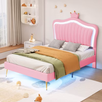 Lit simple 90 sur 200 cm cadre en PU cuir rose style couronne avec LED sommier et tête de lit matelas non inclus