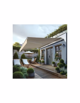 Store banne monobloc MEILE 4,20 x 3,50m (Motorisé à télécommande + manœuvre de secours – Beige – Blanc)