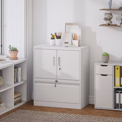 Armoire de Bureau Métallique 2 Portes avec Serrure – Meuble Bureau avec Étagère Réglable, Tiroir Verrouillable, Blanc