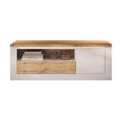 Banc TV SASHA  1 porte, 1 tiroir et 1 niche ouverte avec LED  Blanc laqué et chene Cadiz