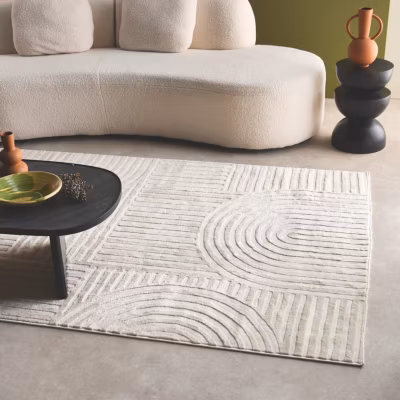 Tapis intérieur JENNY motif graphique arches. poils ras. crème. 80 x 150 cm