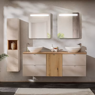 Ensemble meuble double vasque 160cm 4 tiroirs panier à linge miroirs LED et colonne Manoa Cachemire et Bois