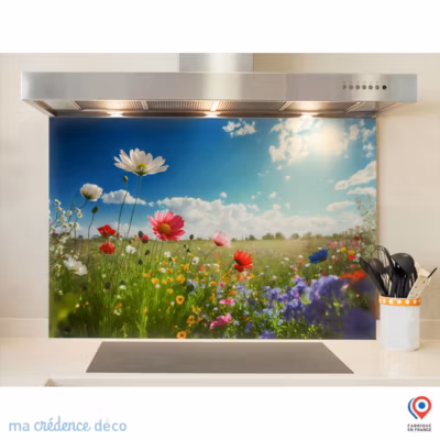Crédence cuisine fond de hotte fleurs sauvages 3 – Verre trempé – L 90 cm x H 50 cm – MaCrédenceDéco