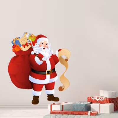 Sticker Noël le Père Noël et sa liste de cadeaux – Autocollants stickers adhésifs noël – décoration fêtes – 110x95cm