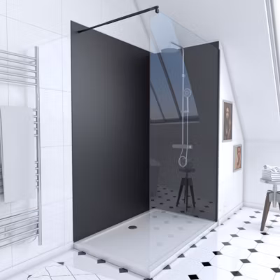 Pack Douche a l&rsquo;Italienne 90×120 – Kit Panneaux Muraux Noirs + Receveur + Paroi Transparente