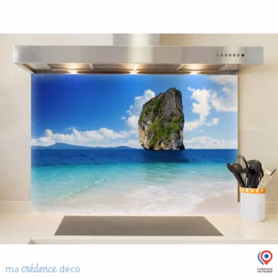 Crédence cuisine fond de hotte Mer et rocher – Verre trempé – L 90 cm x H 50 cm – MaCrédenceDéco