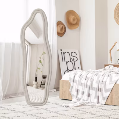 Miroir en forme de dauphin 140×45 cm, Cadre en tissu velours, Miroir en pied, miroir trempé HD, Blanc