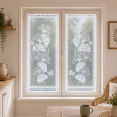 Paire de vitrages frangés dentelle motif ginkgo (60×120 cm – Blanc)