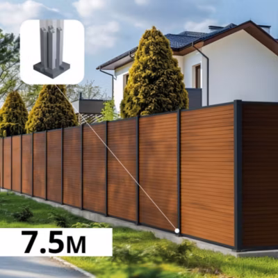 Kit Clôture Composite SANTOS Teck 7,5×1,8m – Bois composite & Aluminium – Poteaux sur Platines Gris – Brise vue – Palissade