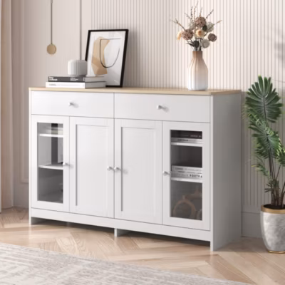Buffet 4 Portes en Verre et 2 Tiroirs, Meuble de Rangement MDF, Blanc et Bois Naturel, 120x37x80 cm