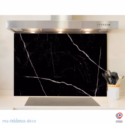 Crédence cuisine fond de hotte Marbre noir – Verre trempé – L 90 cm x H 60 cm – MaCrédenceDéco