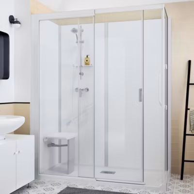 Cabine de douche Kinedo Kinemagic Sérénité Plus 140×90 habillage toute hauteur 1 coulissant verre transparent avec mitigeur