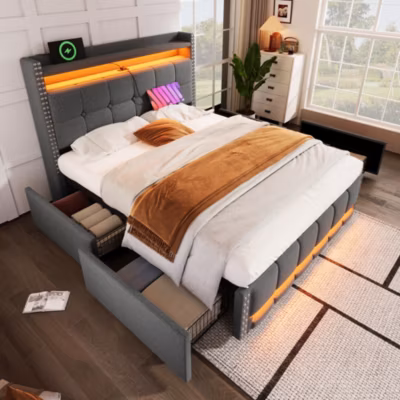 Lit Double 140×200 cm avec LED et Tiroirs de Rangement, Lit Capitonné avec Prise USB, Lit Double Ado en Lin Gris