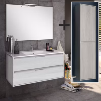 Ensemble meuble de salle de bain 100cm simple vasque + colonne de rangement IRIS – hibernian (bois blanchi)