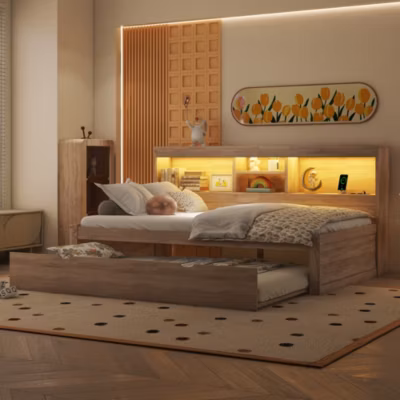 Canapé-lit 140×190 cm convertible avec coffre en tissu gris, design contemporain et mécanisme clic-clac