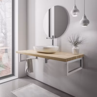 Plan de toilette sous vasque chêne massif 120x52x18cm (LxPxH) + 2 portes serviette Chrome – PUREWOOD