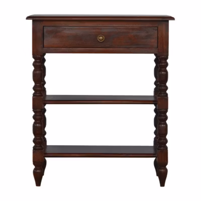 Artisan Furniture Bois massif tourné table d&rsquo;appoint, 1 tiroir, 2 étagères, marron
