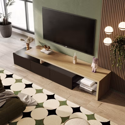 Meuble TV LED 2 pièces, banc TV 200x39x42 cm, éclairage LED RGB réglable, charge 60 kg, pour salon ou chambre, noir