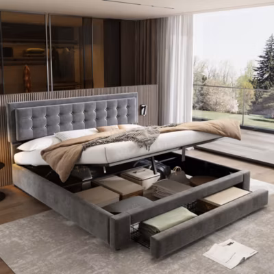 Lit 180×200 cm en velours gris avec grand coffre de rangement et tête de lit réglable, style européen élégant
