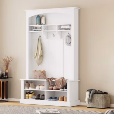 Meuble d&rsquo;Entrée avec Banc et 3 Crochets pour Manteaux – Meuble de Rangement Multifonction avec Étagères, Blanc- 120x40x190 cm