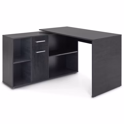 Bureau d&rsquo;angle CARMEN avec meuble de rangement, décor béton foncé
