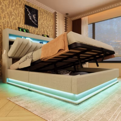 Lit 140×200 cm avec tête de lit LED et ports USB/Type-C, rangement hydraulique, revêtement lin beige