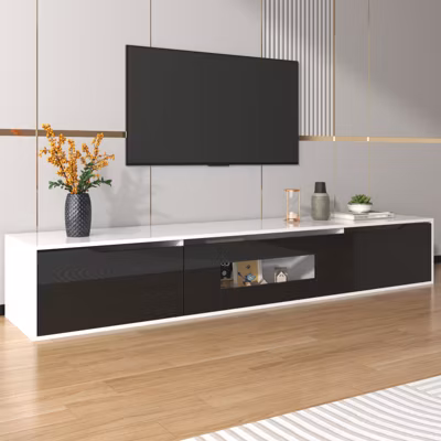 Meuble TV, meuble TV brillant, assorti au noir et blanc, avec éclairage LED à changement de couleur.