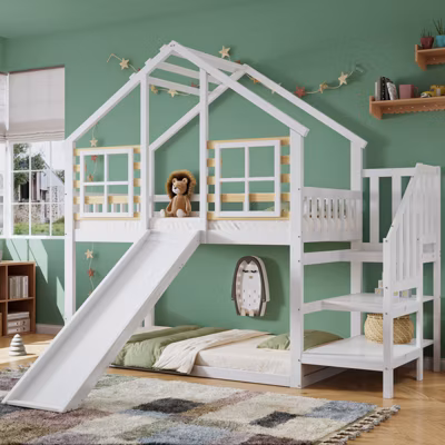 Lit superposé 90×200 cm en bois massif blanc, avec escalier, barrières, toboggan et fenêtre, Lit cabane sécurisé pour enfant
