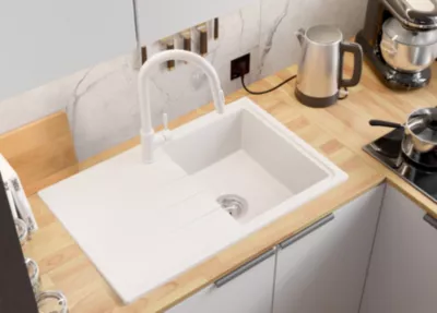 PRIMAGRAN Evier Cuisine en Granit Blanc 78x50cm, Lavabo 1 bac + Kit de Vidage, Évier à Encastrer au meuble 45cm – Milan