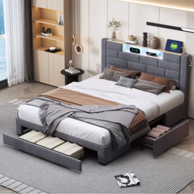 Lit coffre 160×200 cm en velours avec LED 7 couleurs, ports USB/Type-C, Lit double avec 3 tiroir, Gris