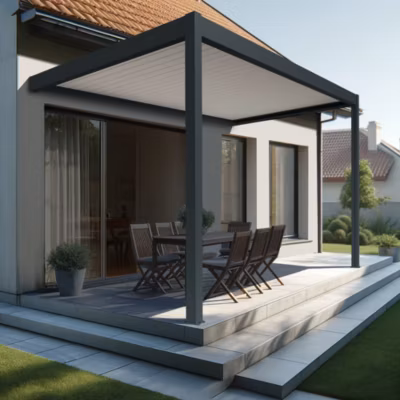 Pergola bioclimatique Xenon perpendiculaire (Vérin à Télécommande – Gris anthracite / Blanc – 4,634 x 3,00m)