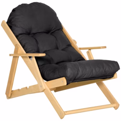 Fauteuil chaise pliable et inclinable en bois grand confort avec coussin capitonné épais – dim. 71I x 89P x 96H cm – noir