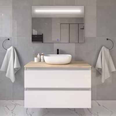 Meuble de salle de bain avec vasque à poser arrondie BALEA et miroir Led STAM – Blanc – 70cm