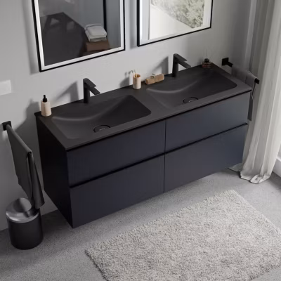 Meuble vasque suspendu MDF Bleu nuit mat, lavabo fonte Noir mat + trou robinet, poignée Anthracite mat – 120x46x62cm – LAVOA