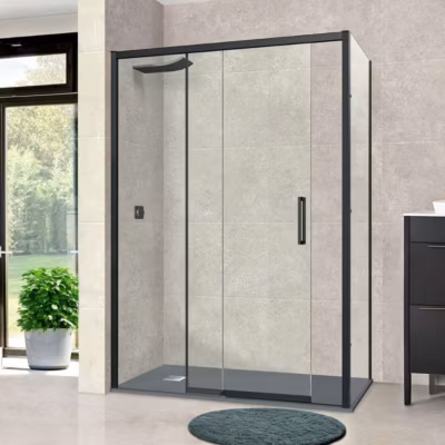 Paroi de douche porte coulissante et paroi latérale DROITE – L.100/104xl.80xH195 cm – verre 6mm Noir Mat SUPERBAN Vézannes 2PL
