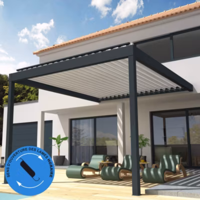 Pergola Bioclimatique COCOON perpendiculaire Mixte Gris anthracite / Blanc 4,051×3,00m Ouverture horaire