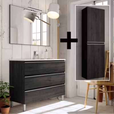 Ensemble meuble de salle de bain 70cm simple vasque + colonne de rangement PALMA – ebony (bois noir)