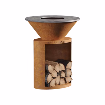 Brasero en acier corten ellipse diamètre 80 cm avec plaque de cuisson inox – FIRTEN
