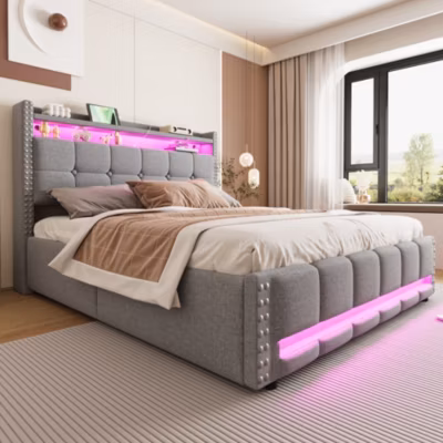 Lit Coffre 160×200 cm – Lit Double avec Rangement, Éclairage LED et Prise USB, Tissu Lin, Sans Matelas, Gris Clair
