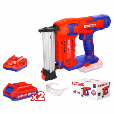 Cloueur de finition sans fil EMTOP 20V avec 1 chargeur + 2 Batteries Lithium-ion 2.0Ah