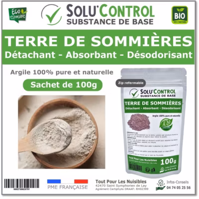 SOLU&rsquo;CONTROL – Terre de Sommières 100g – Détachant Naturel et Absorbant – Élimine les Odeurs d&rsquo;Urine, Litière de Chat, Tapis